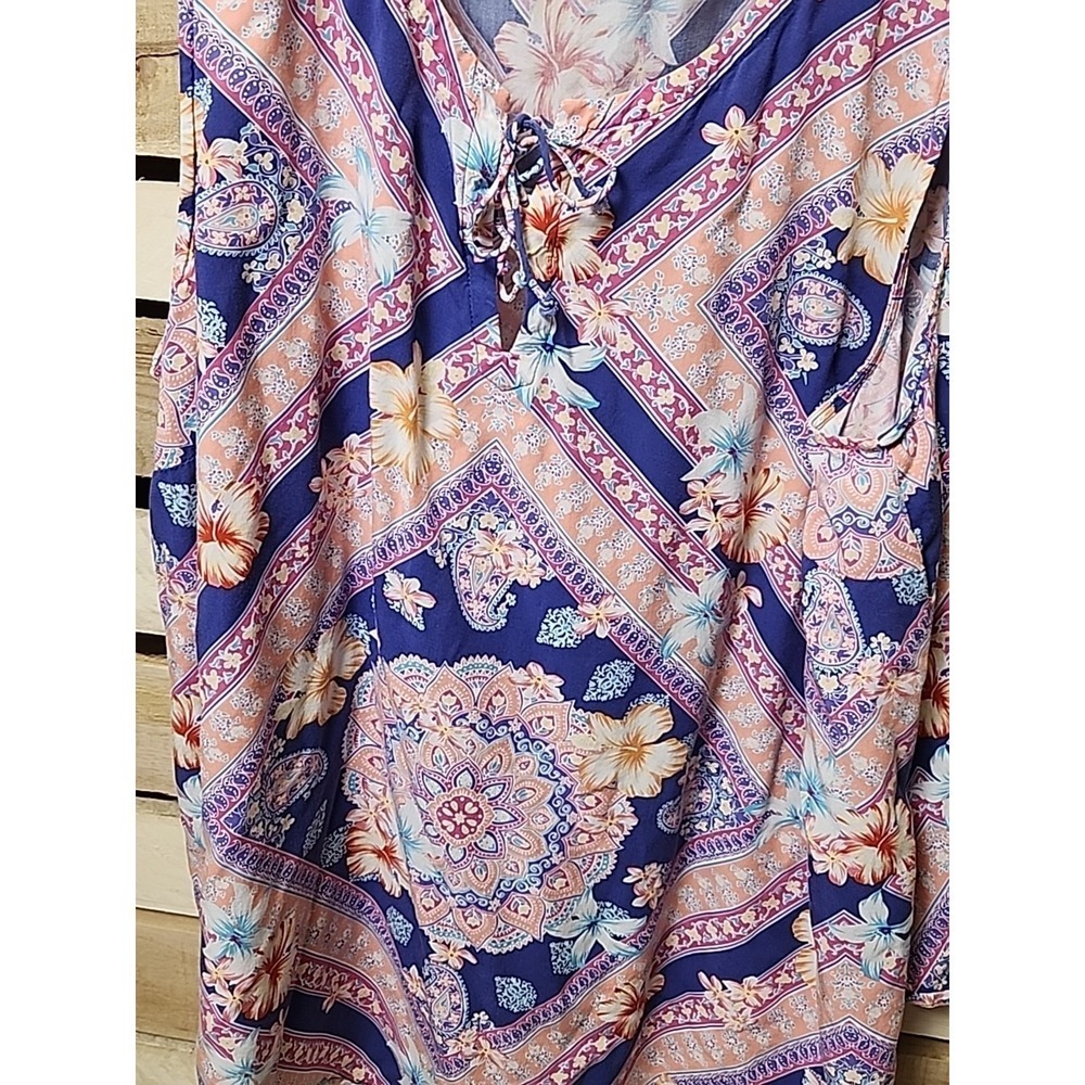 J. Jill Size XL Floral Pink Blue Coral Tie Neck Top Blouse Women - Picture 2 of 9